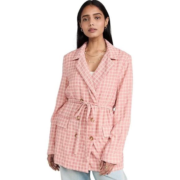 Free People Jackets & Blazers - Free People Olivia Gingham Double Breasted Belted Blazer Pink & Cream Women's M